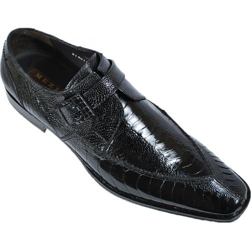 Mezlan "13471" Black All-Over Genuine Ostrich Shoes With Monk Strap